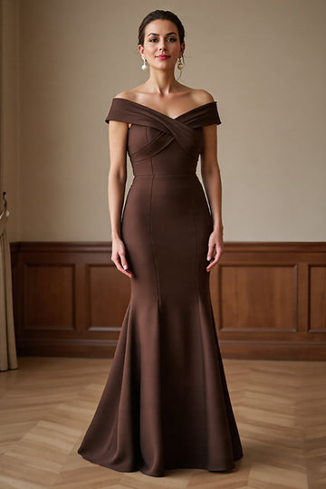 Off The Shoulder Brown Long Mermaid Mother Of The Bride Dress